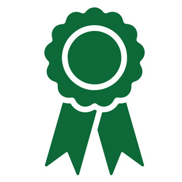 Green rosette ribbon award symbol with circular center and two tails  isolated on white background