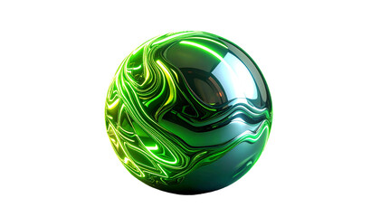 Glowing green energy swirls around reflective orb, isolated on black