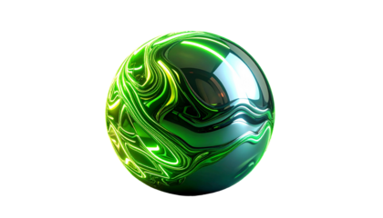 Glowing green energy swirls around reflective orb, isolated on black