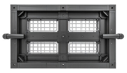 Overhead view of a rectangular, dark gray frame with grated panels