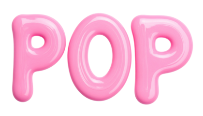 Pink, glossy "POP" in bubbly, 3D text against a solid black background