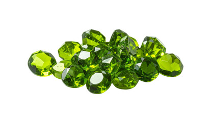 Pile of faceted, vibrant green gems on a stark black background