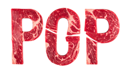 POP" spelled out in meaty letters against a stark black backdrop