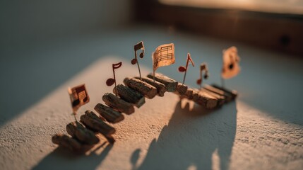 Hybrid music relax ladder icon concept featuring a small toy train with flags for musical enjoyment and relaxation