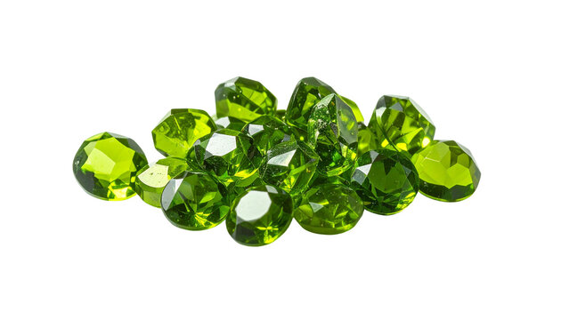 Pile of faceted, vibrant green gems on a stark black background