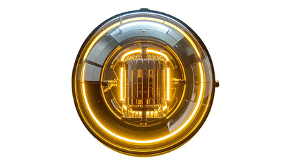 Metallic sphere with glowing lights, dark background, futuristic design