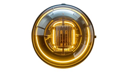 Metallic sphere with glowing lights, dark background, futuristic design