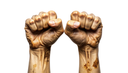 Two clenched fists with dirty skin raised against a stark black background
