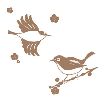 版画風　メジロと梅のセット