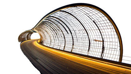Long exposure shot of a curving bridge tunnel with blurred light trails