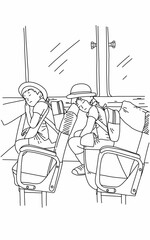 Line art drawing of two kindergarten little student sitting on a school bus