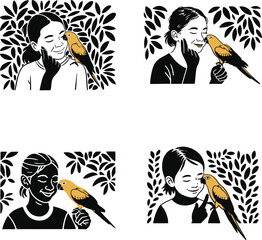 A young girl gently interacts with a friendly orange parrot perched on her finger amidst leafy patterns