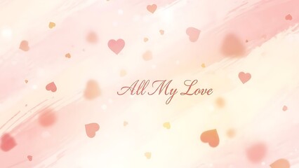 A romantic illustration of hearts and love surrounded by soft pink hues and gentle splatters