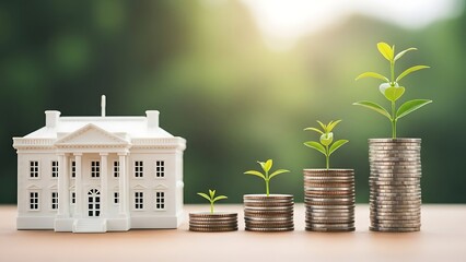 White house model with stacks of coins and growing plants miniature