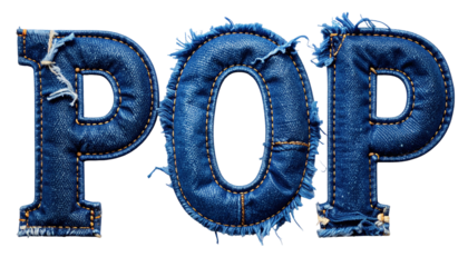 Denim "POP" text with detailed stitching and frayed edges against a black bg
