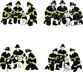 Brave firefighters in uniform kneeling together interacting with their K9 companion dogs