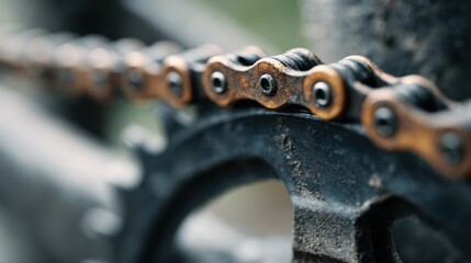 Close-Up of a Bicycle Chain on a Sprocket, Highlighting the Intricate Details of Links and Gears, Perfectly Capturing Mechanics in Motion