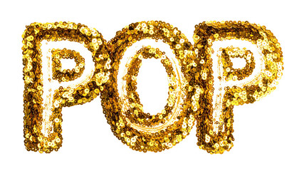 Shimmering gold text "POP" against a black background