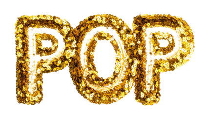 Shimmering gold text "POP" against a black background