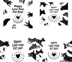 Cheerful illustrations celebrating Happy Love Your Pet Day with various beloved animal companions