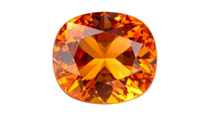 A radiant, faceted orange gemstone isolated against a black background
