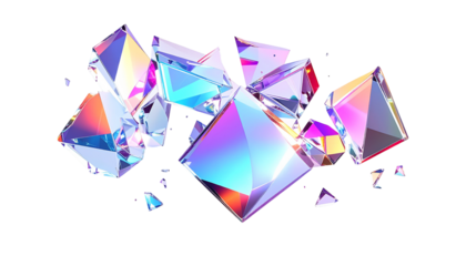 Shattered, iridescent crystalline forms floating against a black background