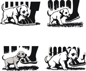 Four charming illustrations of playful puppies exploring human feet and sandals near a fence outdoors