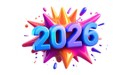 Vibrant, glossy 3D "2026" emerges from a colorful explosion on black