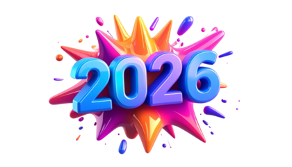 Vibrant, glossy 3D "2026" emerges from a colorful explosion on black
