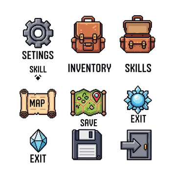 A collection of detailed pixel art video game interface icons, featuring classic retro style elements for settings, inventory, maps, saves, and exits in a digital gaming environment