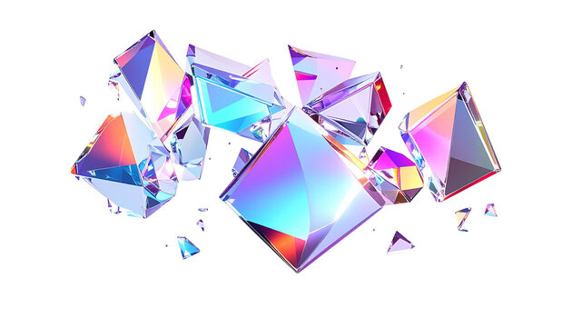 Shattered, iridescent crystalline forms floating against a black background