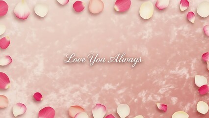 A romantic background with rose petals framing a soft pink surface with the words Love You Always