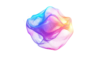 Abstract, vibrant, nebulous form with flowing lines and a rainbow gradient