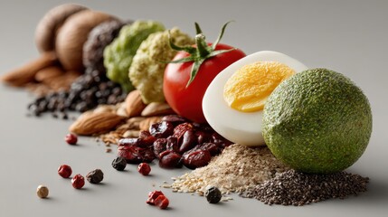 A wholesome plate featuring eggs, fresh fruits, nuts, and a variety of foods promoting healthy nutrition choices and balance
