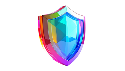 A colorful, gemstone-like shield with vibrant, glossy edges against black