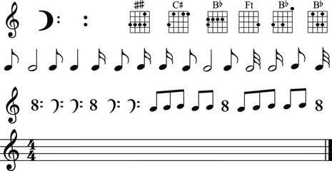 Music notation sheet illustration with guitar chords treble clef rhythm symbols staff notes educational vector design isolated on white background