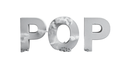 POP" text in bold white letters filled with wispy cloud formations