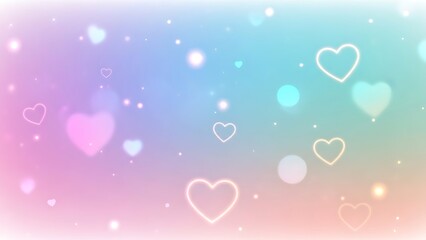 A pastel-colored abstract background with floating hearts and bokeh effect