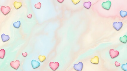 Pastel colored hearts floating on a soft, marbled background