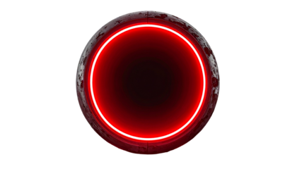 Glowing red neon ring around a dark circle on a textured sphere