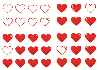 Collection of red heart icons in various styles and designs