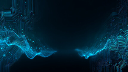 Glowing blue circuit board with neon light trails on dark background