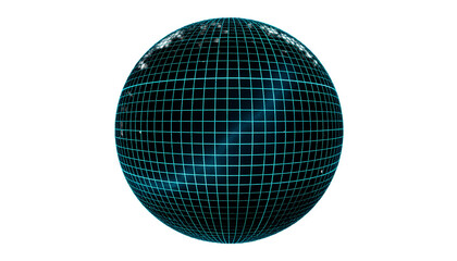 Teal grid sphere on black background; digital, geometric, and glowing