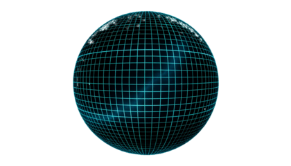 Teal grid sphere on black background; digital, geometric, and glowing