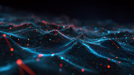 Vibrant digital landscape with glowing blue and red network connections
