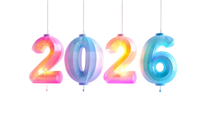 Shiny, colorful, floating numbers 2026, against a black background