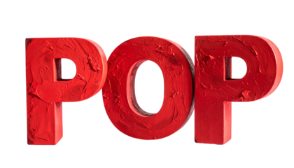 3D rendered, bold red letters spell "POP" against a black background