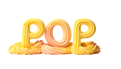 Colorful "POP" text formed from swirled buttercream, against black