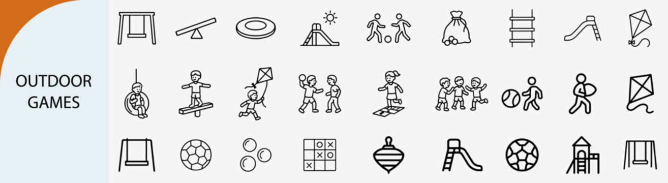 outdoor games and playground activities outline icons, childhood sports vector