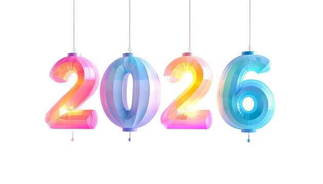 Shiny, colorful, floating numbers 2026, against a black background - Powered by Adobe